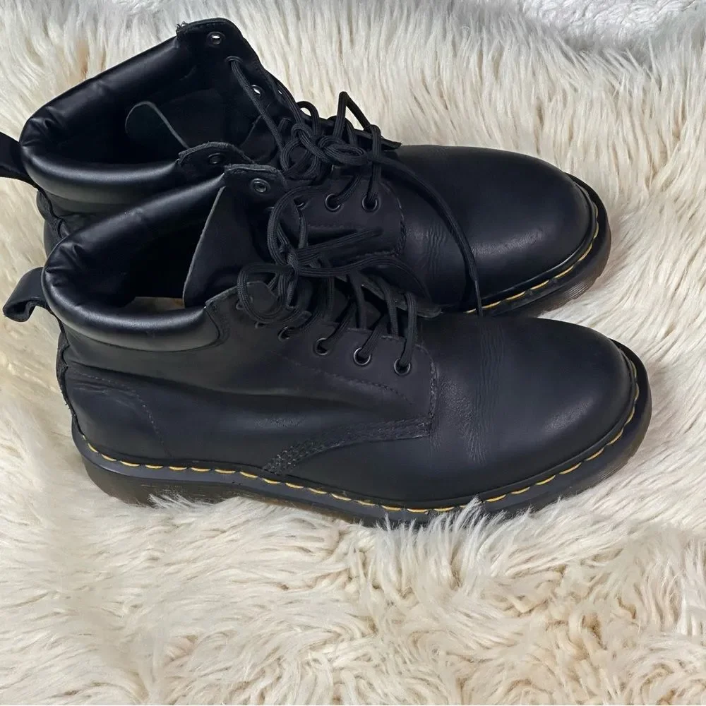 Dr. Martens Black Leather Lace-Up Ankle Boots with Yellow Stitching